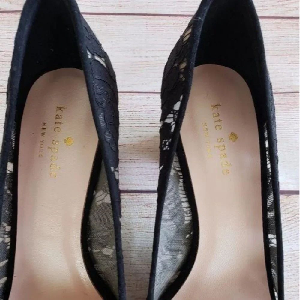 Kate Spade Lace Leather & Suede Pointy Toe Block Heel Shoes Black Size 8